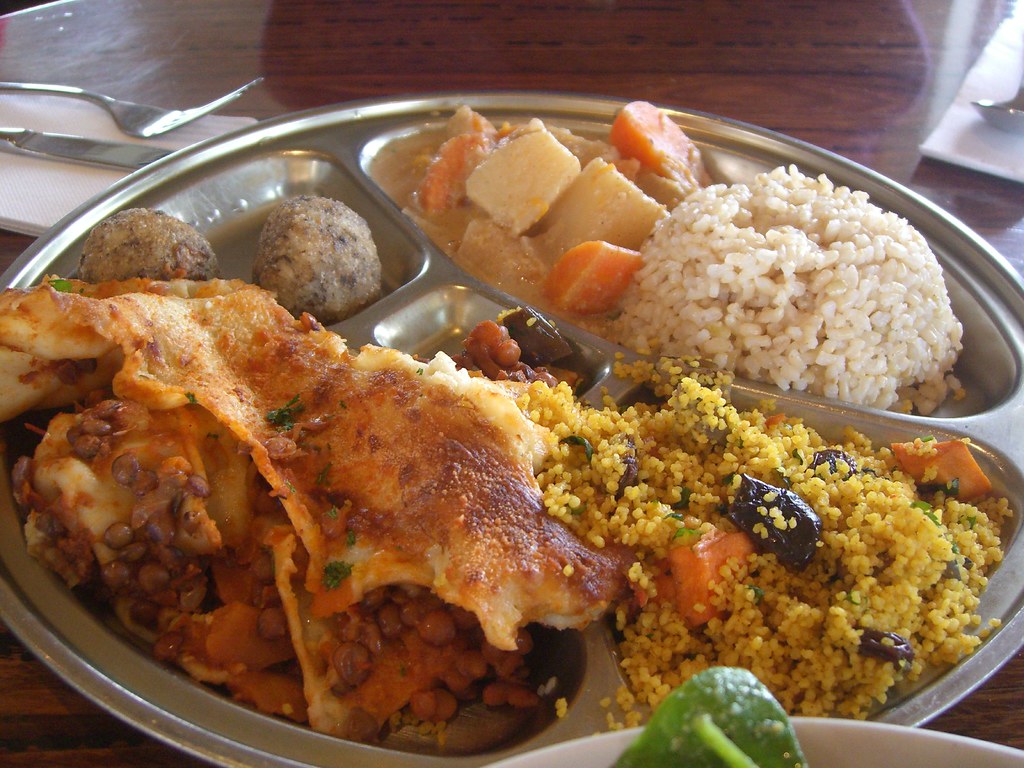 Vegetarian Lasagna, Mushroom Risotto Balls, Spiced Couscous, Vegetable Kurma with brown rice - Medium Plate - Soulmama Vegetarian